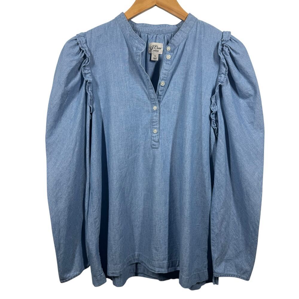 J. Crew Chambray Top Women S Blue Puff Sleeve Denim Blouse Prairie Cottage Core